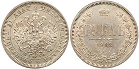 Rouble 1882 CПБ-HФ.
Bit 42, Sev 3923 (S). Scarce with a low mintage of only 434, 007 pcs. About uncirculated