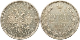 Rouble 1885 CПБ-AГ.
Bit 46, Sev 3955 (S). Scarce with a low mintage of only 499,511 pcs. Good extremely fine