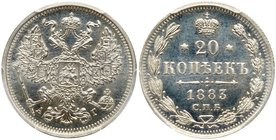 20 Kopecks 1883 CПБ-AГ.
 Bit 102, Sev 3931. Authenticated and graded by PCGS PR 65 CAM. Gem brilliant PROOF Cameo