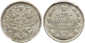 20 Kopecks 1888 CПБ-AГ. 
Bit 107, Sev 3981. Authenticated and graded by PCGS MS 65. Satin white. Gem brilliant uncirculated
