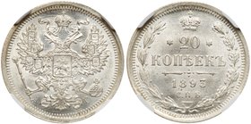 20 Kopecks 1893 CПБ-AГ. 
Bit 111, Sev 4014. Authenticated and graded by NGC MS 65. Frosted devices in pristine, lustrous fields. Gem brilliant uncirc...