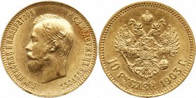 10 Roubles 1903 AP. GOLD. 
Bit 11, Fr 78. Tiny edge nick. Uncirculated