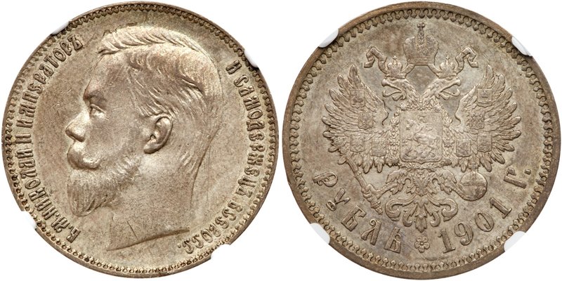 Rouble 1901 ФЗ. 
Bit 53, Sev 4093 (S). Authenticated and graded by NGC AU 58. E...