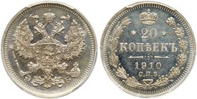 20 Kopecks 1910 CПБ-ЭБ. 
Bit 110, Sev 4144. Authenticated and graded by PCGS PR 63. Choice brilliant PROOF