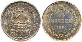 15 Kopecks 1921. 
Fed 1п, Y.81. Authenticated and graded by PCGS PR 64. Very choice brilliant PROOF