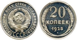 20 Kopecks 1925. 
Fed 10п, Y.88. Authenticated and graded by PCGS PR 66 CAM. Bold devices handsomely cameo in mirrorlike, snowy white fields. Superb ...