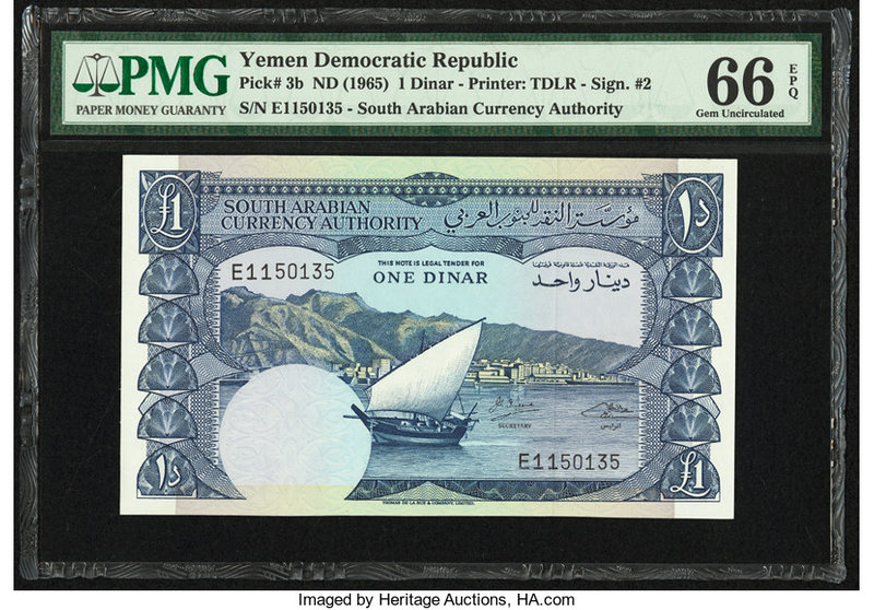 Yemen Democratic Republic 1 Dinar ND (1965) Pick 3b PMG Gem Uncirculated 66 EPQ....
