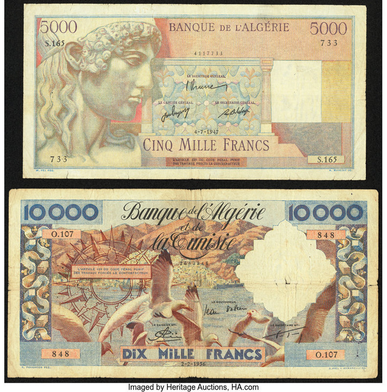 Algeria Banque de l'Algerie 5000; 10,000 Francs 4.7.1947; 2.2.1956 Pick 105; 110...