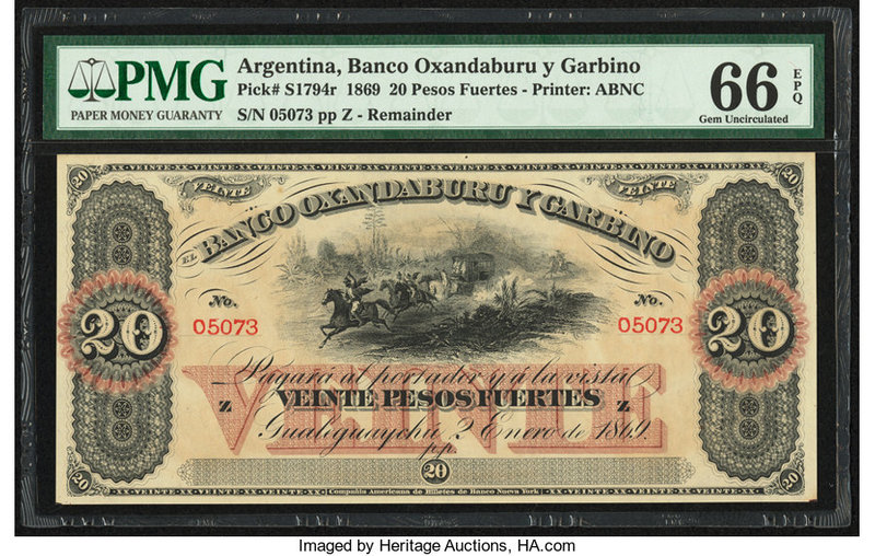 Argentina Banco Oxandaburu y Garbino 20 Pesos Fuertes 2.1.1869 Pick S1794r Remai...