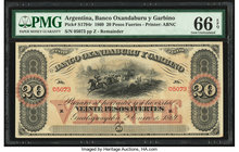 Argentina Banco Oxandaburu y Garbino 20 Pesos Fuertes 2.1.1869 Pick S1794r Remainder PMG Gem Uncirculated 66 EPQ. 

HID09801242017