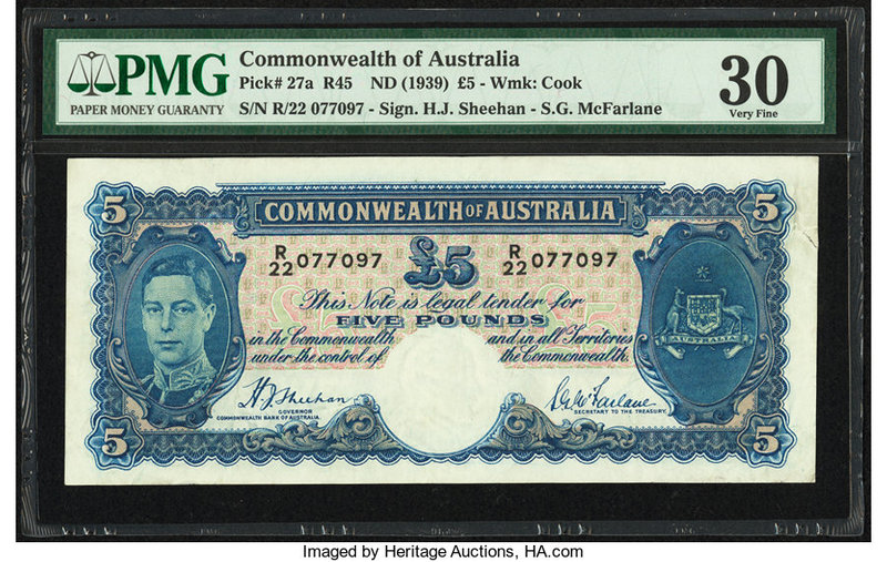 Australia Commonwealth Bank of Australia 5 Pounds ND (1939) Pick 27a R45 PMG Ver...