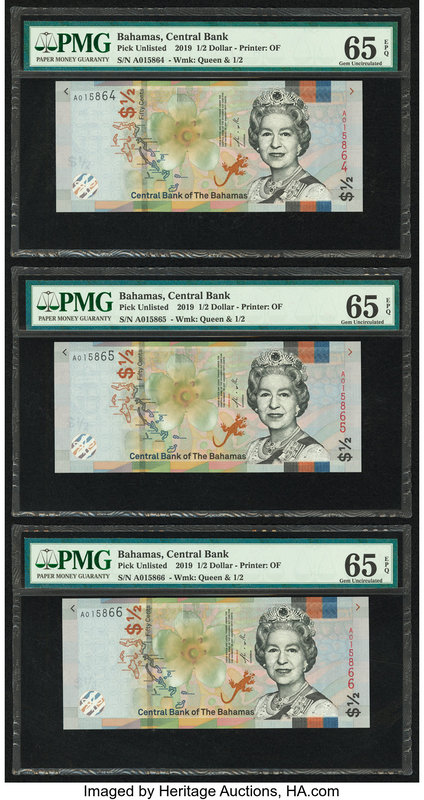 Bahamas Central Bank 1/2 Dollar 2019 Pick UNL Three Consecutive Examples PMG Gem...