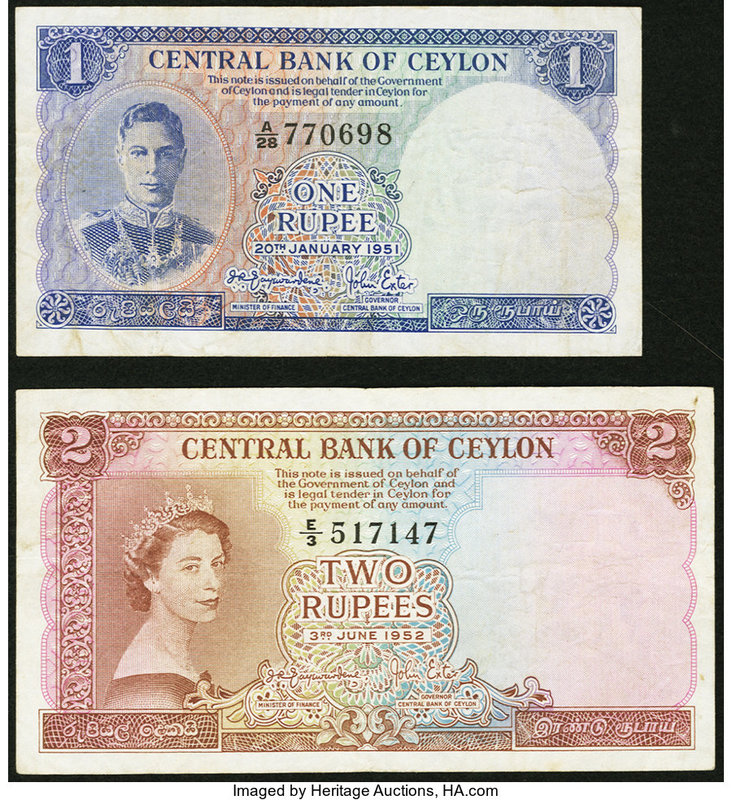 Ceylon Central Bank of Ceylon 1 Rupee 20.1.1951 Pick 47; 2 Rupees 3.6.1952 Pick ...