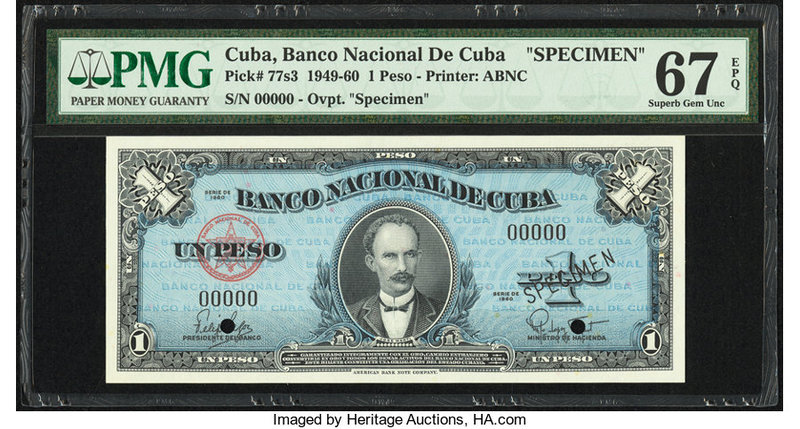 Cuba Banco Nacional de Cuba 1 Peso 1960 Pick 77s3 Specimen PMG Superb Gem Unc 67...