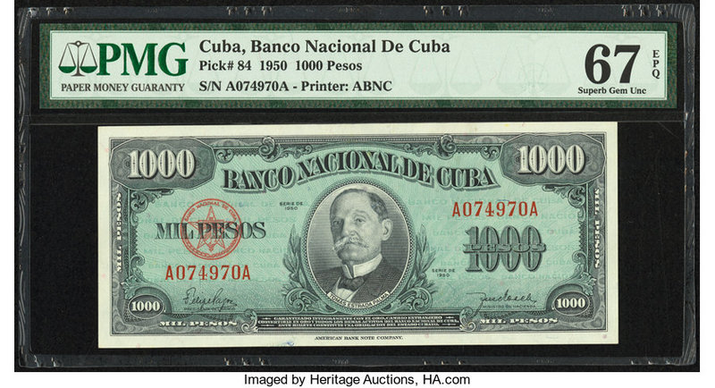 Cuba Banco Nacional de Cuba 1000 Pesos 1950 Pick 84 PMG Superb Gem Unc 67 EPQ. 
...