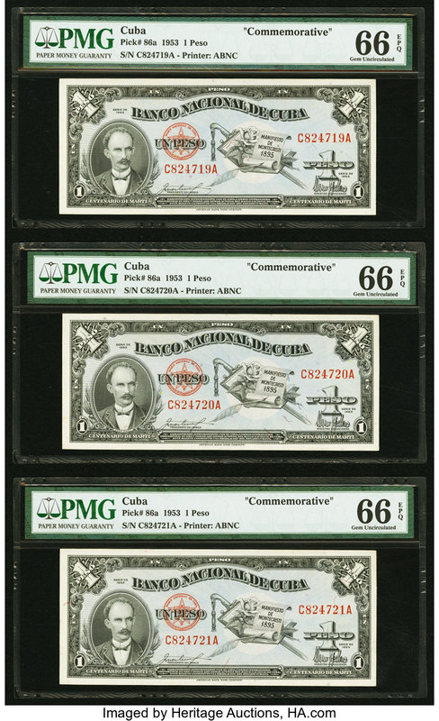 Cuba Banco Nacional de Cuba 1 Peso 1953 Pick 86a Three Consecutive Examples PMG ...