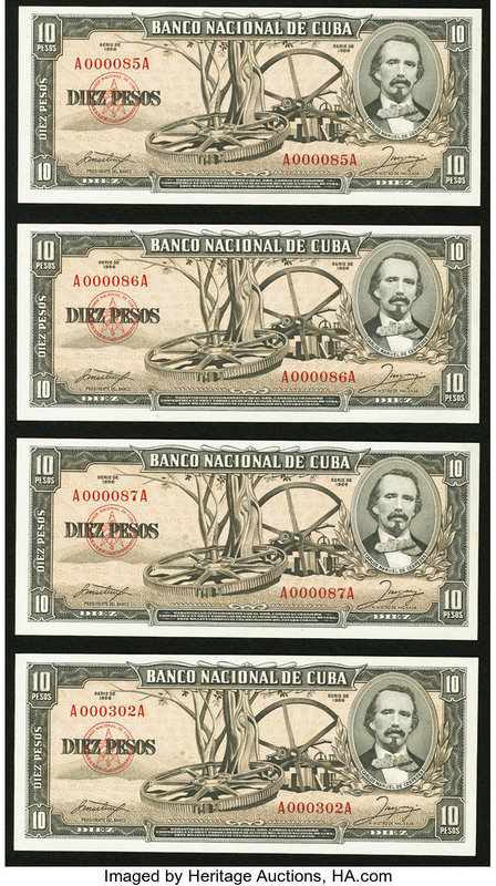 Cuba Banco Nacional de Cuba 10 Pesos 1956 Pick 88a, Four Examples Choice Crisp U...