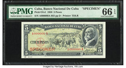 Cuba Banco Nacional de Cuba 5 Pesos 1958 Pick 91s1 Specimen PMG Gem Uncirculated 66 EPQ. Perforated cancelled. 

HID09801242017