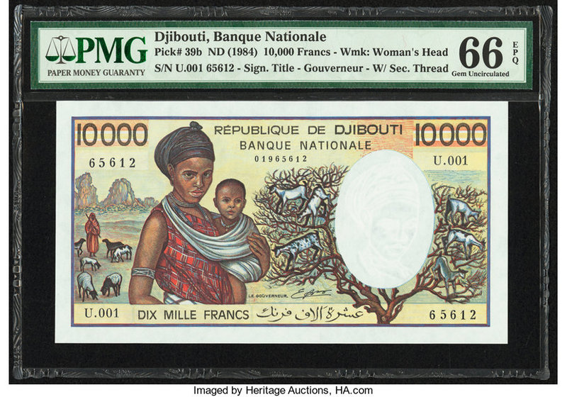 Djibouti Banque Nationale 10,000 Francs ND (1984) Pick 39b PMG Gem Uncirculated ...