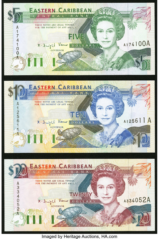 East Caribbean States Central Bank, Antigua 5; 10; 20 Dollars ND (1993) Pick 26a...