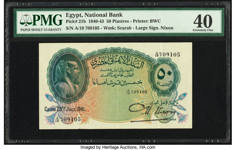 Egypt National Bank of Egypt 50 Piastres 28.7.1941 Pick 21b PMG Extremely Fine 4...
