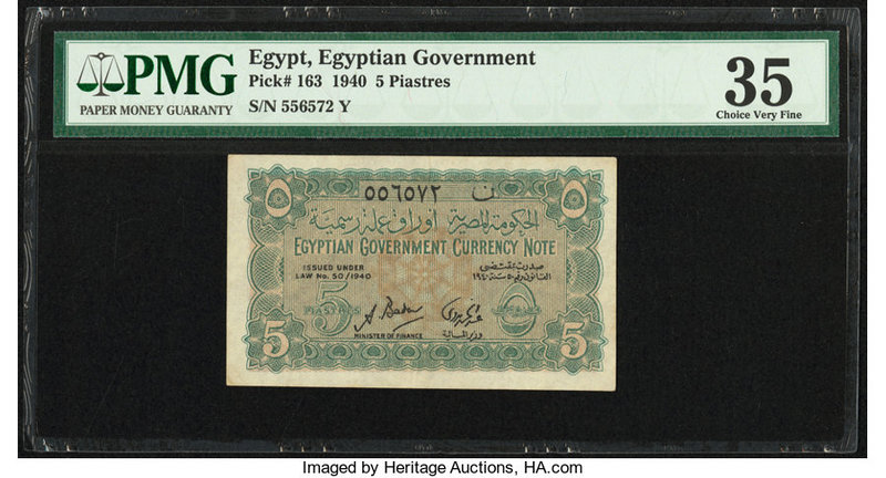 Egypt Egyptian Government 5 Piastres 1940 Pick 163 PMG Choice Very Fine 35. 

HI...
