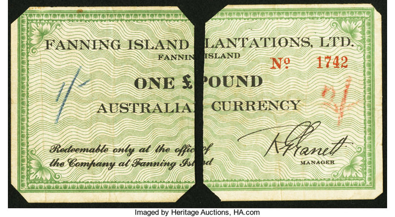 Fanning Island Fanning Island Plantation £1 ND (1942) Schwan-Boling 1541b Fine. ...