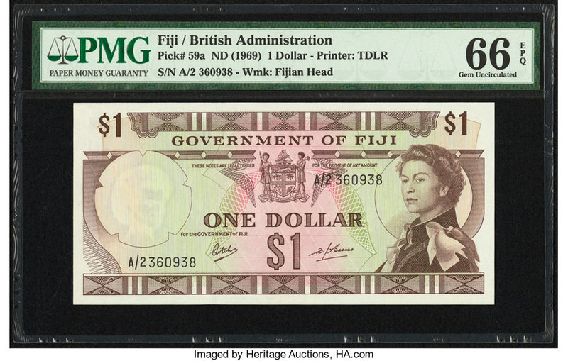 Fiji Government of Fiji 1 Dollar ND (1969) Pick 59a PMG Gem Uncirculated 66 EPQ....