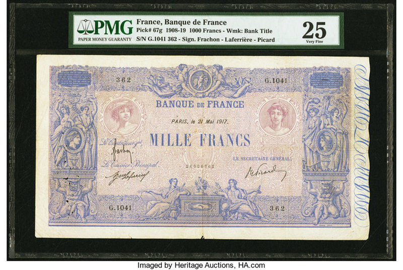 France Banque de France 1000 Francs 21.5.1917 Pick 67g PMG Very Fine 25. Pinhole...