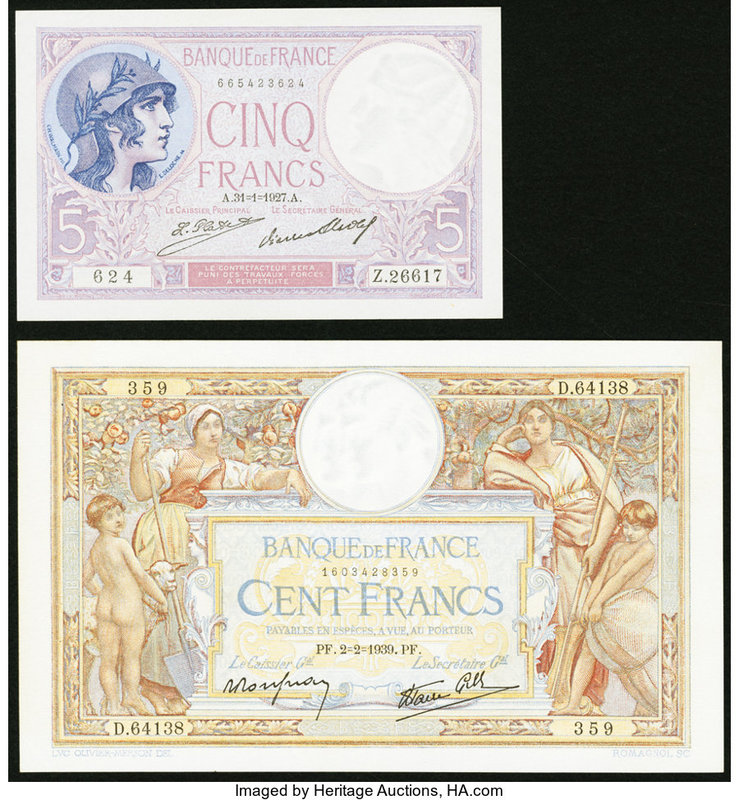France Banque de France 5; 100 Francs 31.1.1927; 2.2.1939 Pick 72d; 86b Two Exam...