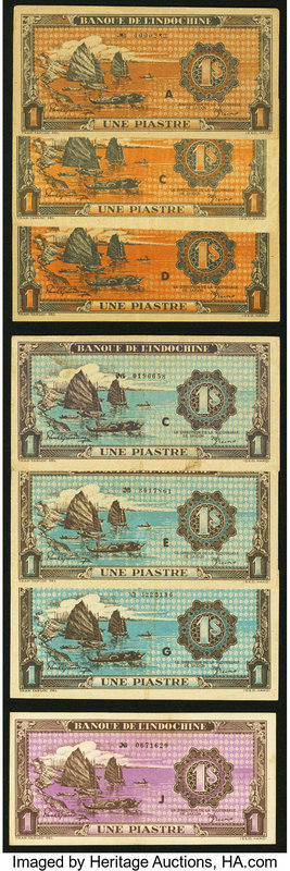 French Indochina Banque de l'Indo-Chine 1 Piastre ND (1942-45) Pick 58b (2); 58c...