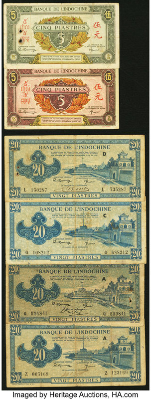 French Indochina Banque de l'Indo-Chine 5 Piastres ND (1942-45) Pick 61; 63; 20 ...