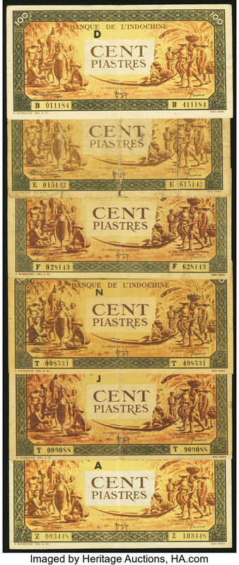 French Indochina Banque de l'Indo-Chine 100 Piastres ND (1942-45) Pick 73, Six E...