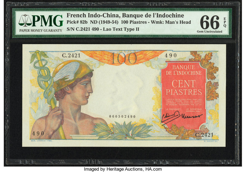 French Indochina Banque de l'Indo-Chine 100 Piastres ND (1949-54) Pick 82b PMG G...