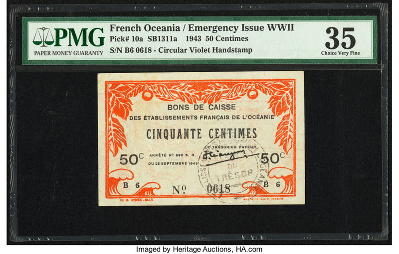 French Oceania Bons de Caisse 50 Centimes 25.9.1943 Pick 10a PMG Choice Very Fin...