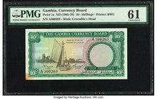Gambia Gambia Currency Board 10 Shillings ND (1965-70) Pick 1a PMG Uncirculated 61. A corner stain is mentioned. 

HID09801242017