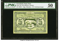Greenland State Note 5 Kroner ND (1926-52) Pick 15d PMG About Uncirculated 50. Annotations small splits.

HID09801242017
