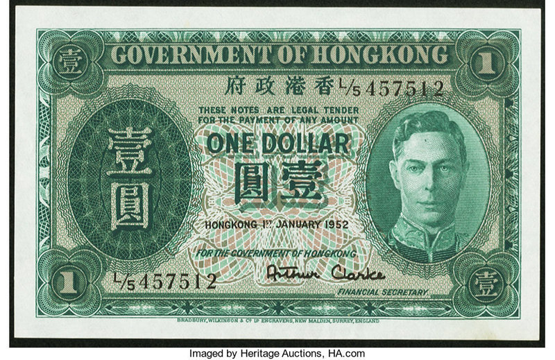 Hong Kong Government of Hong Kong 1 Dollar 1.1.1952 Pick 324b About Uncirculated...