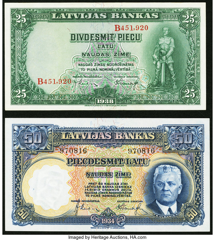 Latvia Latvijas Bankas 25; 50 Latu 1938; 1934 Pick 21; 20 Two Examples Crisp Unc...