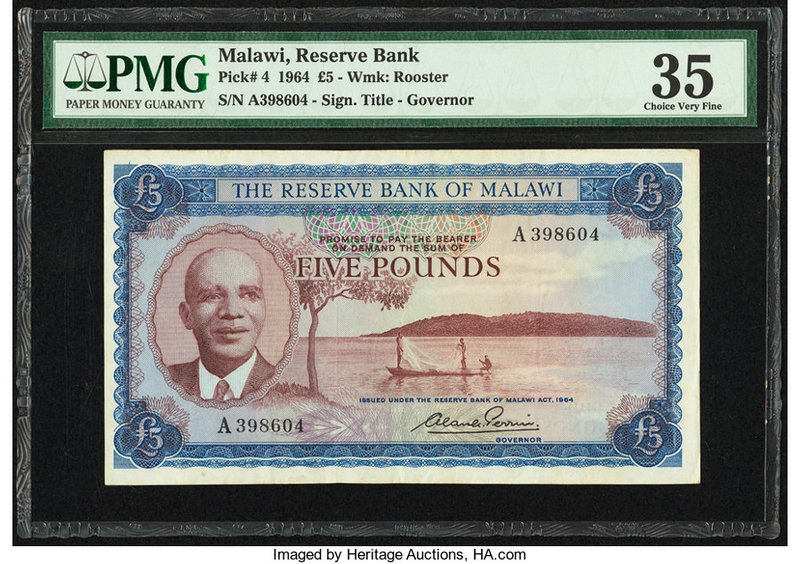 Malawi Reserve Bank of Malawi 5 Pounds 1964 Pick 4 PMG Choice Very Fine 35. 

HI...