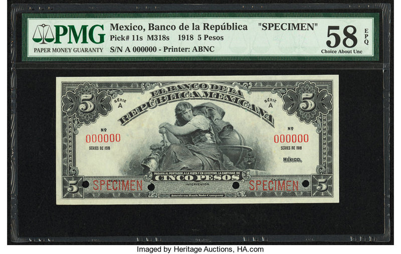 Mexico Banco de la Republica 5 Pesos 1918 Pick 11s Specimen PMG Choice About Unc...