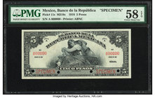 Mexico Banco de la Republica 5 Pesos 1918 Pick 11s Specimen PMG Choice About Unc 58 EPQ. Cancelled with 4 punch holes.

HID09801242017