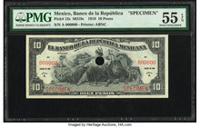 Mexico Banco de la Republica 10 Pesos 1918 Pick 12s Specimen PMG About Uncirculated 55 EPQ. Cancelled with 1 punch hole.

HID09801242017