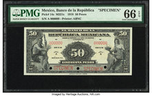 Mexico Banco de la Republica 50 Pesos 1918 Pick 14s Specimen PMG Gem Uncirculated 66 EPQ. Cancelled with 3 punch holes. 

HID09801242017