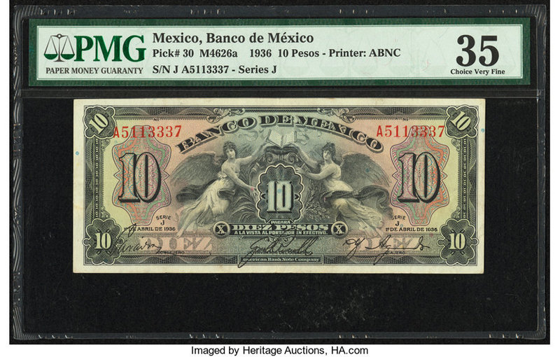 Mexico Banco de Mexico 10 Pesos 1.4.1936 Pick 30 PMG Choice Very Fine 35. 

HID0...