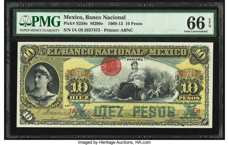 Mexico Banco Nacional de Mexicano 10 Pesos 24.10.1918 Pick S258e s M299e PMG Gem...