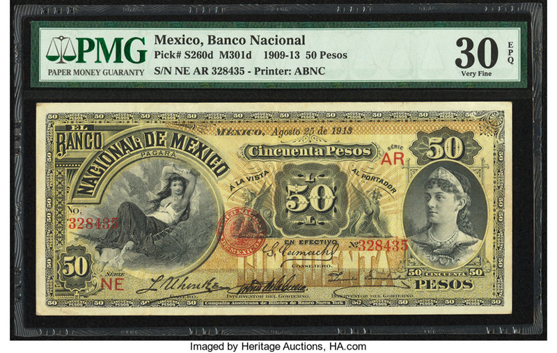 Mexico Banco Nacional de Mexicano 50 Pesos 25.8.1913 Pick S260d M301d PMG Very F...