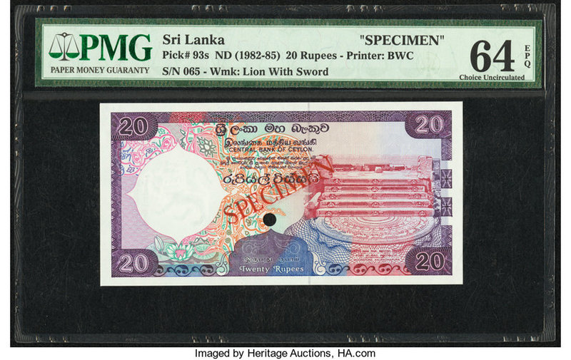 Sri Lanka Central Bank of Ceylon 20 Rupees ND (1982-85) Pick 93s Specimen PMG Ch...