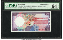Sri Lanka Central Bank of Ceylon 20 Rupees ND (1982-85) Pick 93s Specimen PMG Choice Uncirculated 64 EPQ. Cancelled with 1 punch hole.

HID09801242017