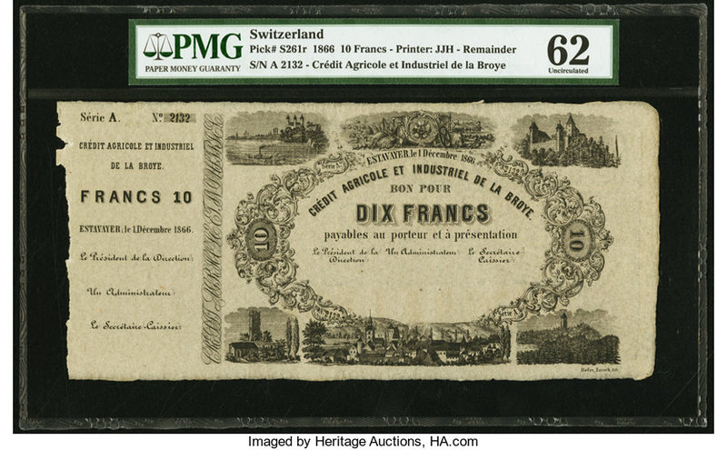 Switzerland Credit Agricole et Industriel de la Broye Estavayer 10 Francs 1.12.1...